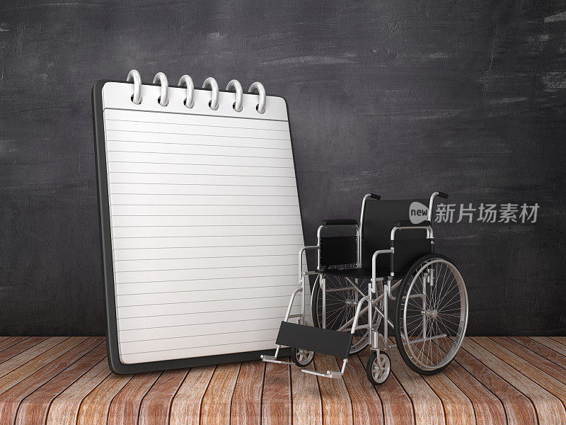 笔记本与轮椅在黑板背景- 3D渲染